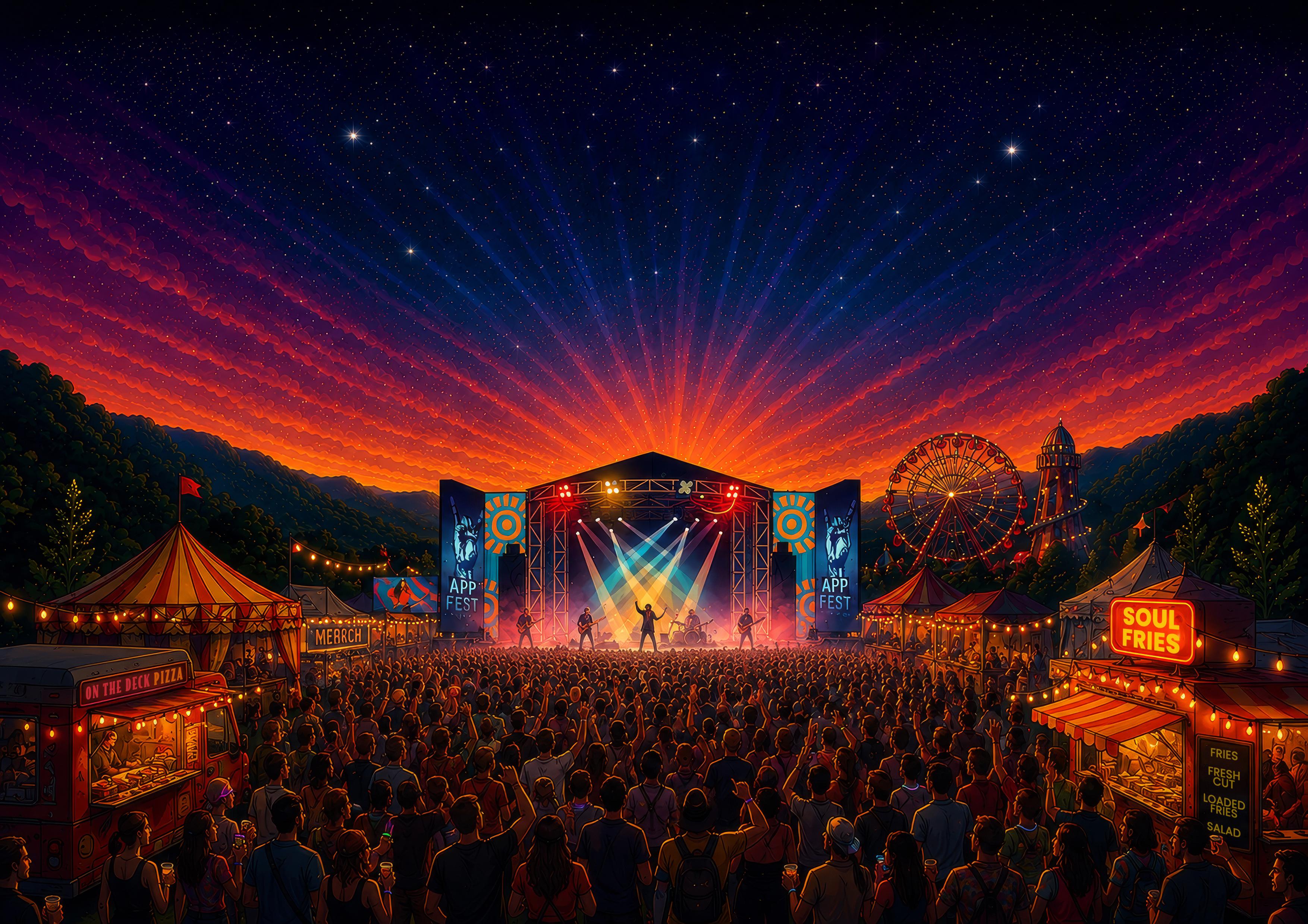 Colourful App-Fest stage and festival crowd beneath a star-filled sky